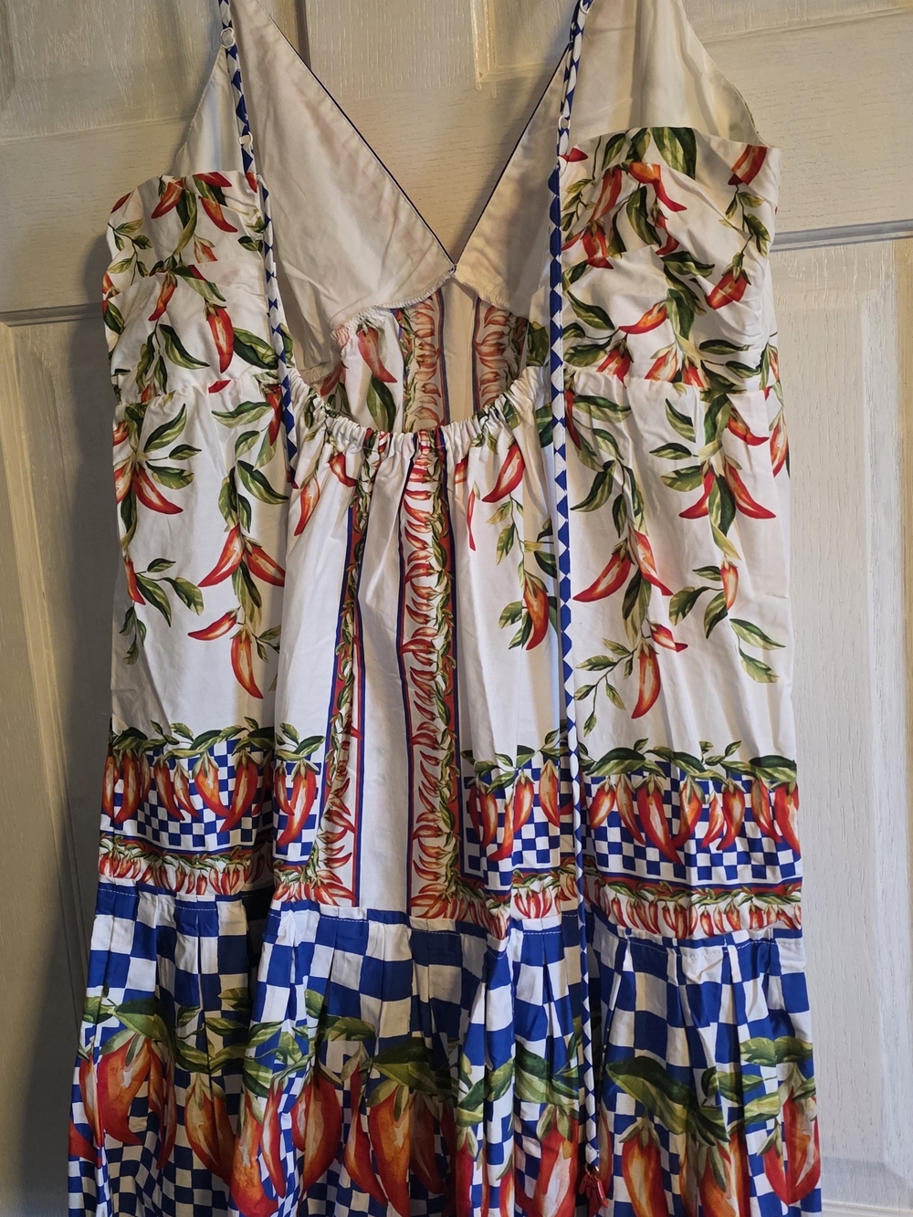 NWOT FarmRio White Floral & Chili Print Spaghetti Strap Dress, Size XL - Picture 4 of 6